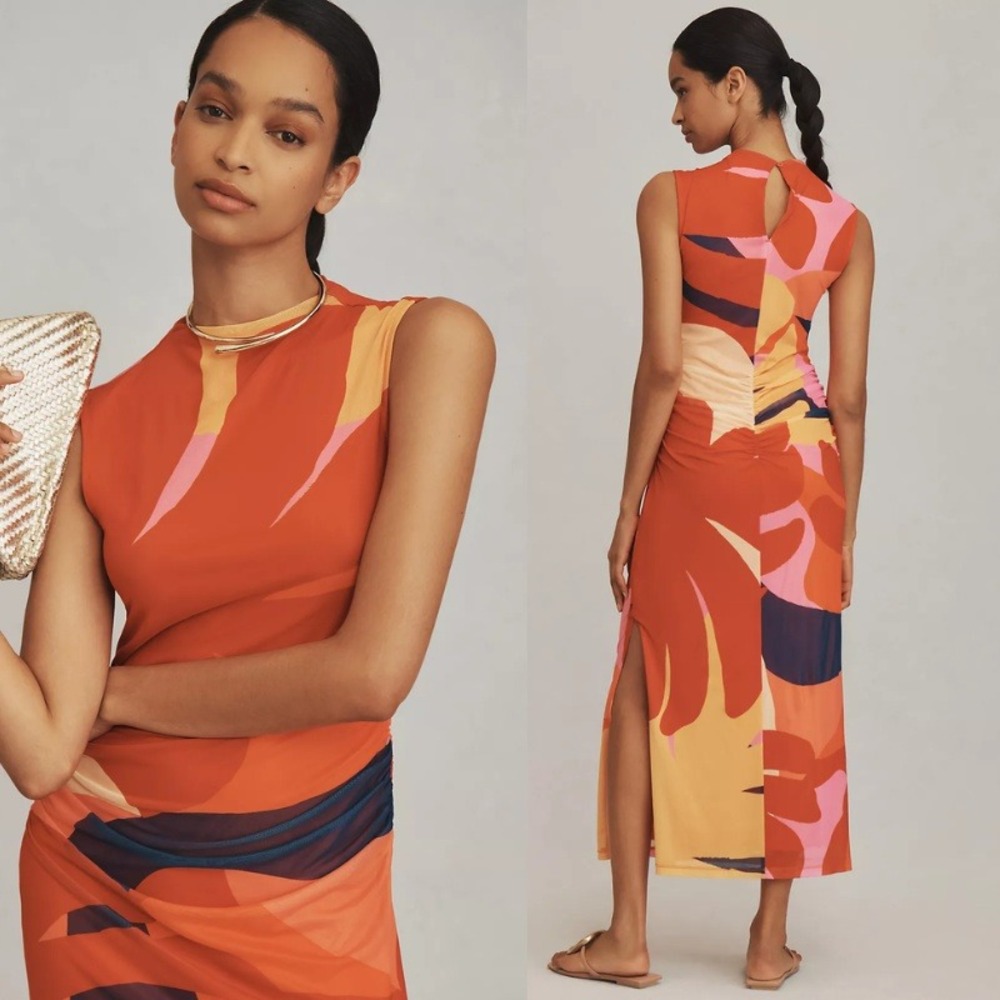 Farm Rio x Anthropologie Ruched Mesh Midi Dress Orange Abstract Size XS - Picture 2 of 9